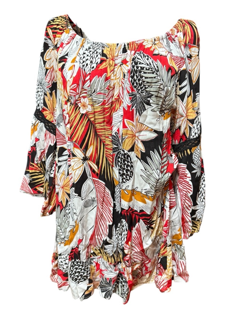 Figueroa & Flower Tropical Floral Off-Shoulder Blouse in Red/Black/Yellow 1X